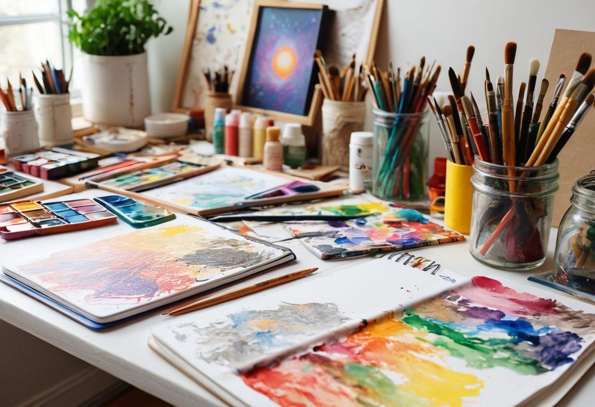 A vibrant collage of art supplies, including paintbrushes, a palette bursting with colorful paints, sketchbooks filled with sketches, and a workspace illuminated by natural light, showcasing the transformation from novice to elite. In the background, hints of beautifully crafted artworks radiate creativity. The scene should evoke inspiration and passion for art. super-realistic. bright colors. white background.