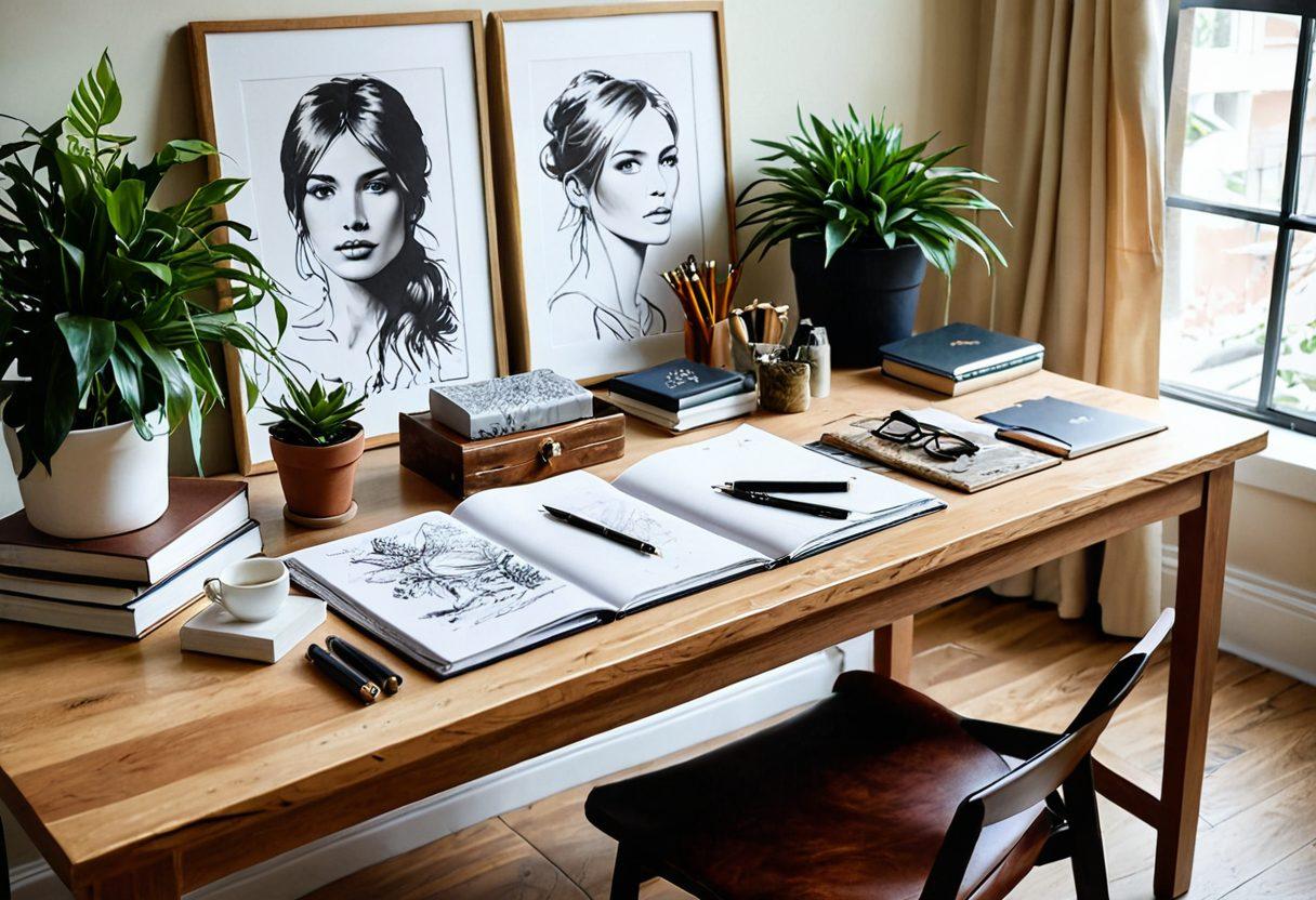 A sophisticated workspace filled with stylish and charming creations, featuring elegant furniture, tasteful decor, and beautiful creations like art pieces and fashion accessories. Soft natural lighting enhances the ambiance, with hints of greenery from potted plants. A designer's sketchbook and tools are scattered artistically across a polished wooden table. The overall color palette is warm and inviting, emphasizing elegance. super-realistic. vibrant colors. cozy atmosphere.